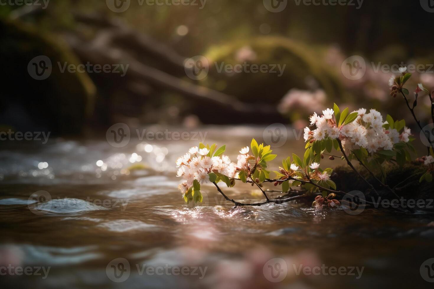 Butterply, cherryblossom, blurred river. photo