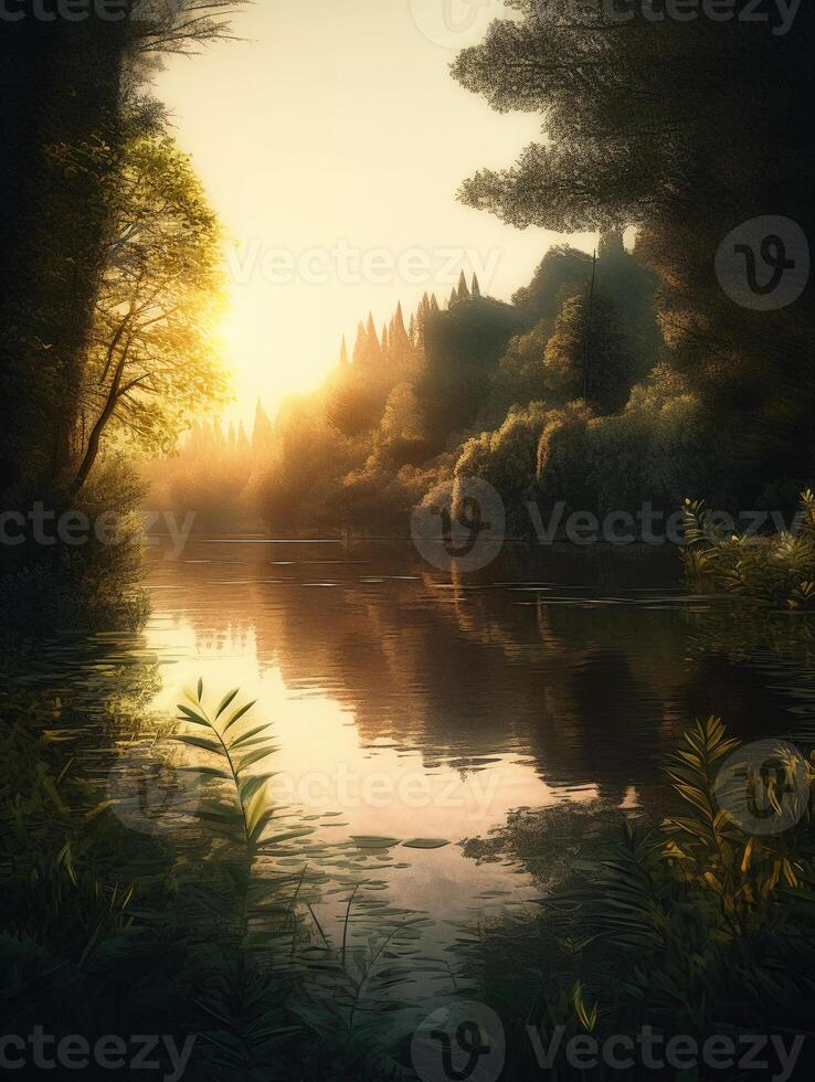 A peaceful lake surrounded by lush greenery and trees, with a realistic yet slightly artistic style. photo