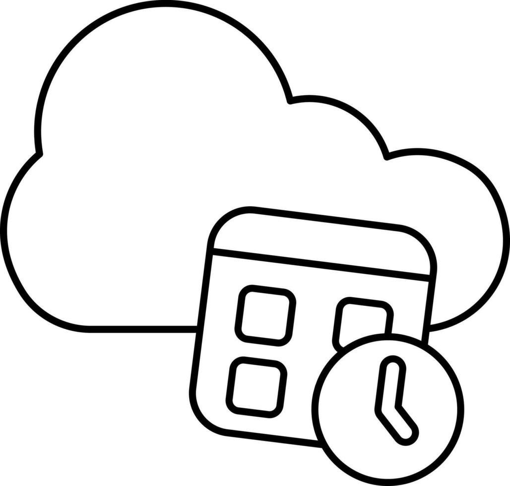 Cloud With Time Management Icon In Black Line Art. vector