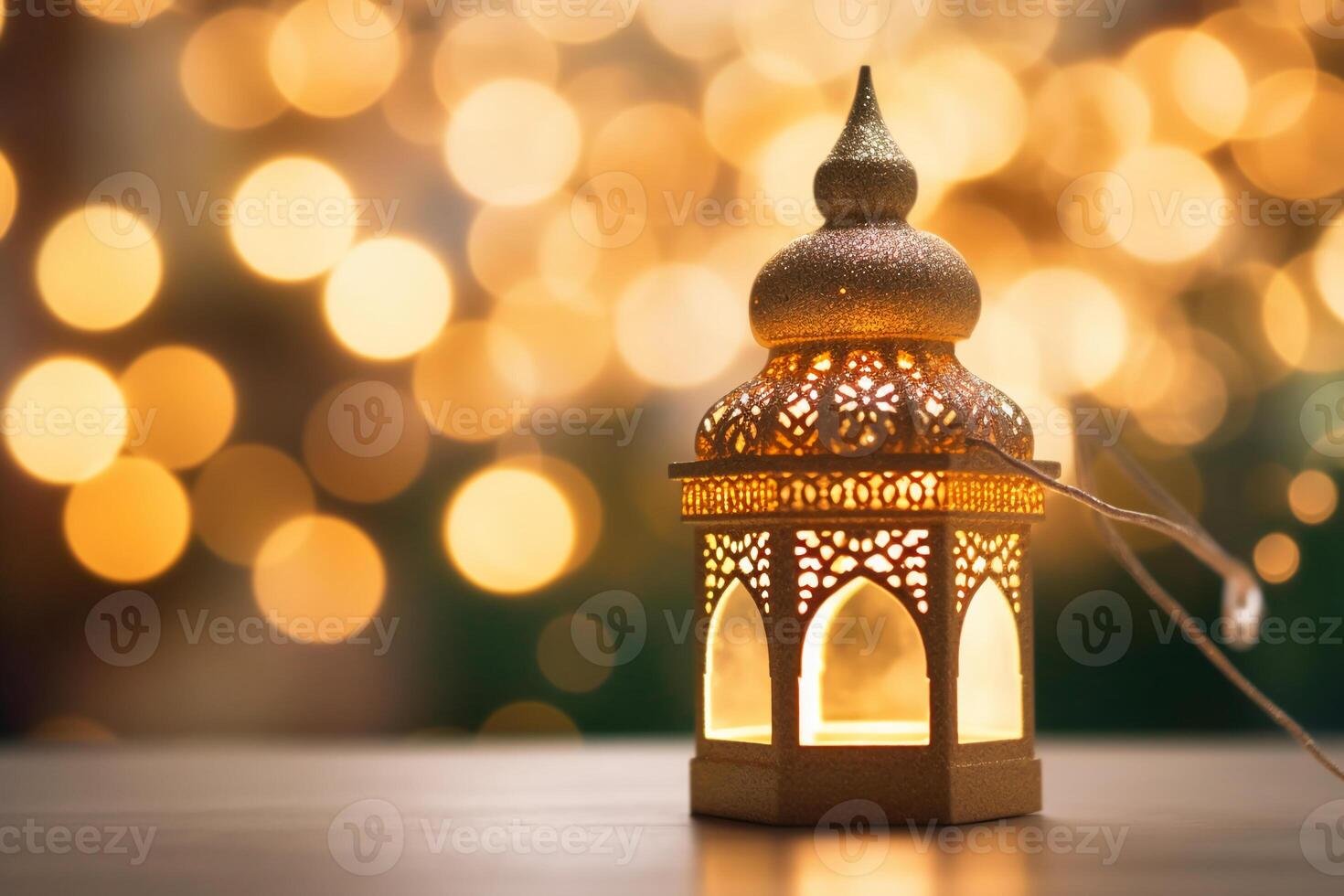 Original traditional ornate oriental lantern with beautiful bokeh of holiday lights and mosque in background. photo