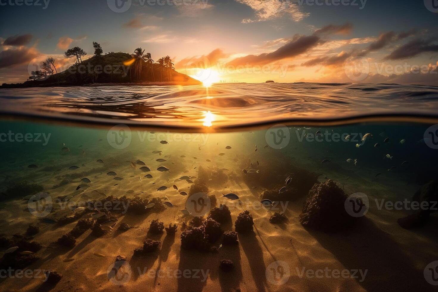 Photograph of beautiful inviting beach scene with sunset sky. photo