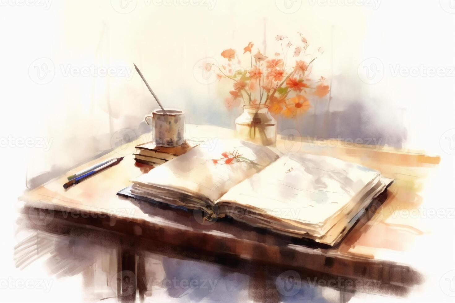 Open book on table in watercolor painting style. photo