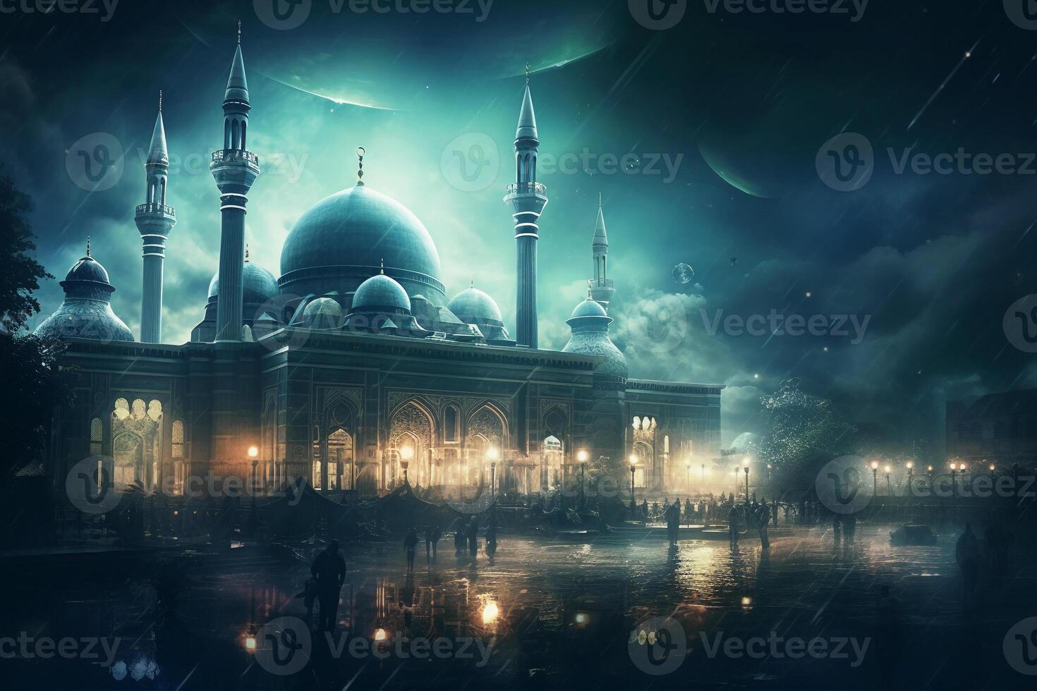 The mosque, Kareem lantern, Blurred star in night sky background, Eid al adha concept. photo