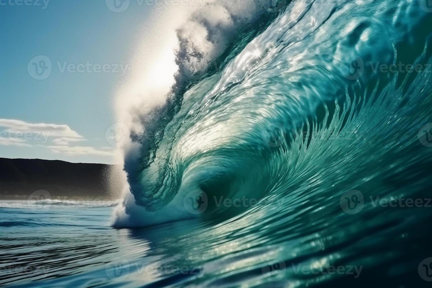 Tropical blue surfing wave. Sunshine in the wave barrel. No people. Beautiful deep blue tube wave in the Ocean. photo