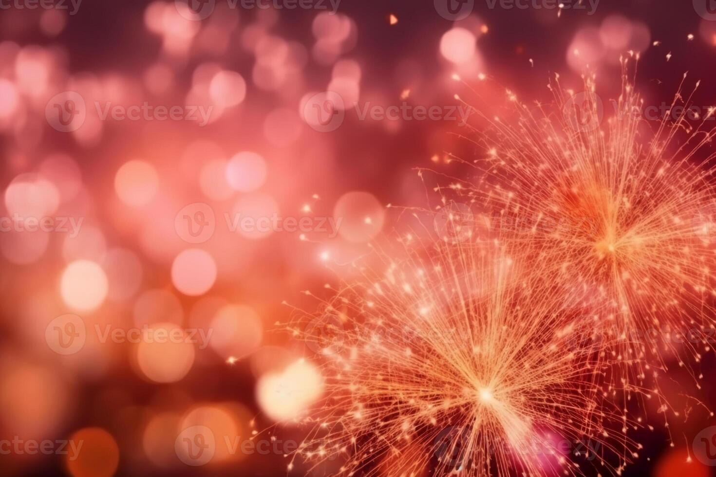Gold and pink Fireworks and bokeh in New Year eve and copy space. Abstract background holiday. photo