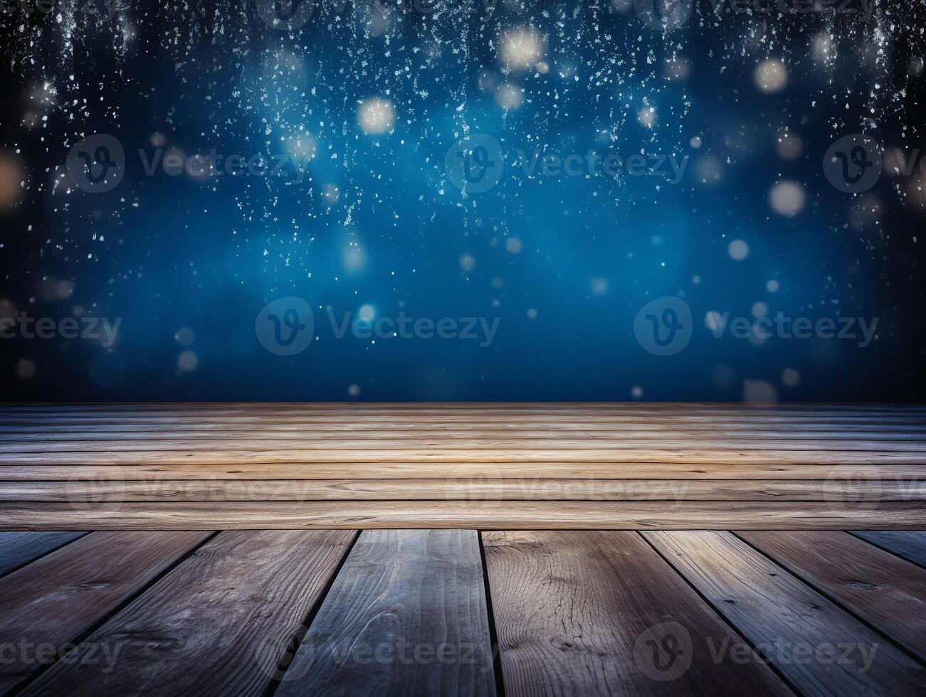 Winter snowy stage background with wooden flooring and Christmas lights on blue background, banner format, copy space. photo