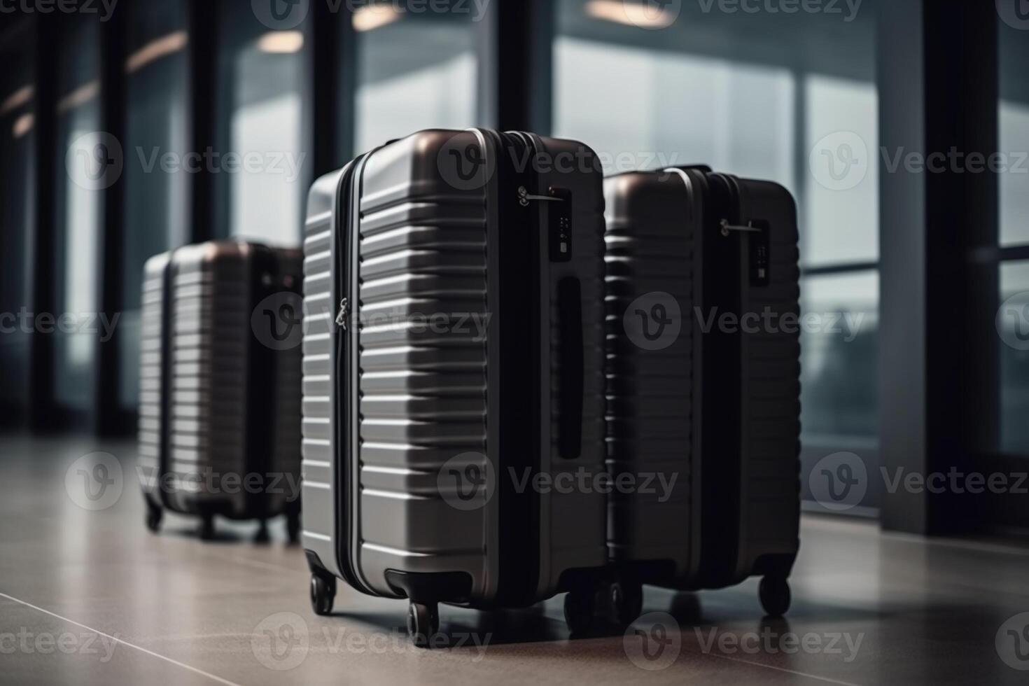 Luggage suitcases at the airport wide banner with copy space area for vacations and holiday travel concepts. AI Generative photo