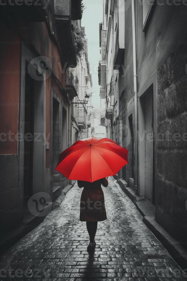 Red umbrella in hand of woman walking on a colorless street. photo