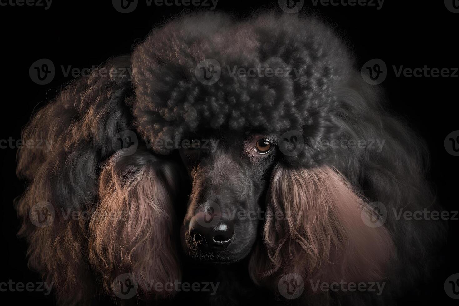 Portrait of a poodle dog on a black background. Neural network photo
