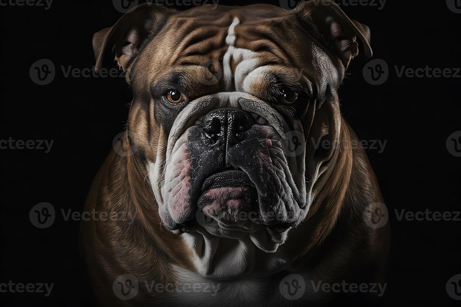 Portrait of an old english bulldog on a black background. Neural network photo