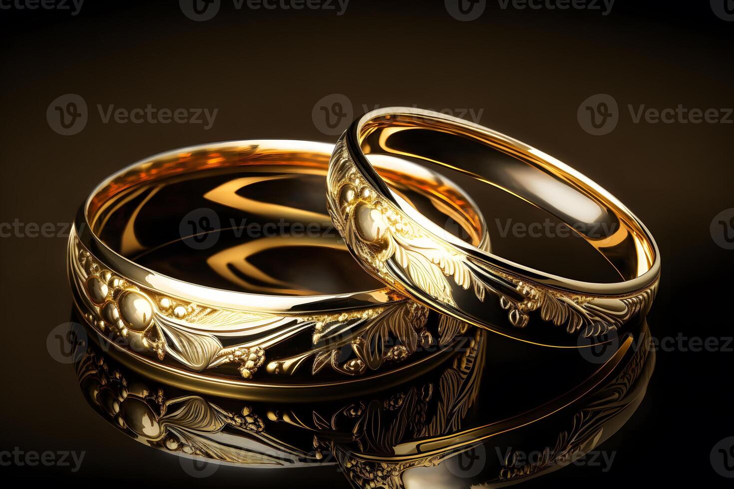 Original gold wedding rings on a dark background. Neural network photo