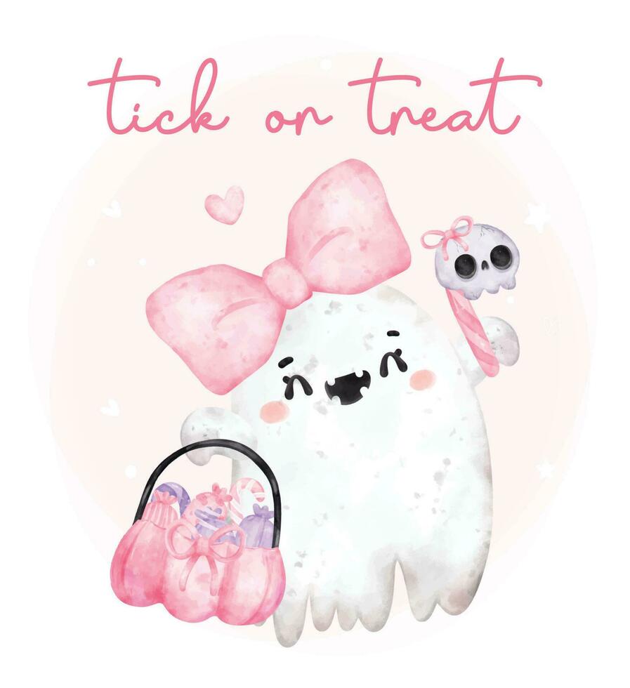 Cute kawaii pink hallooween bearuty ghost with candy pumpkin basket, trick or treat , happy smile cartoon character bootiful watercolour hand painted vector greeting card