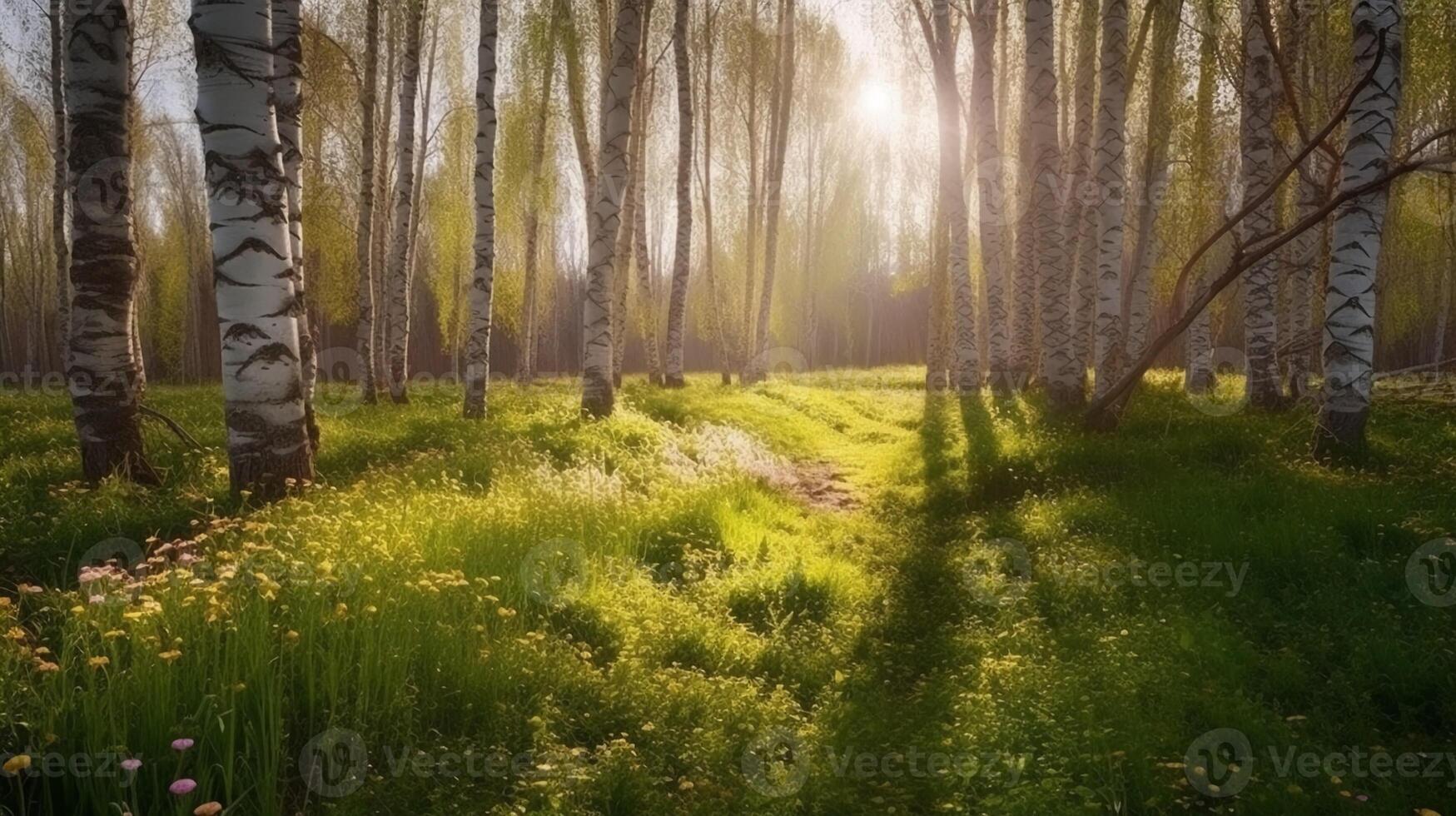 Birch grove in spring on sunny day with beautiful carpet of juicy green young grass and dandelions in rays of sunlight, photo