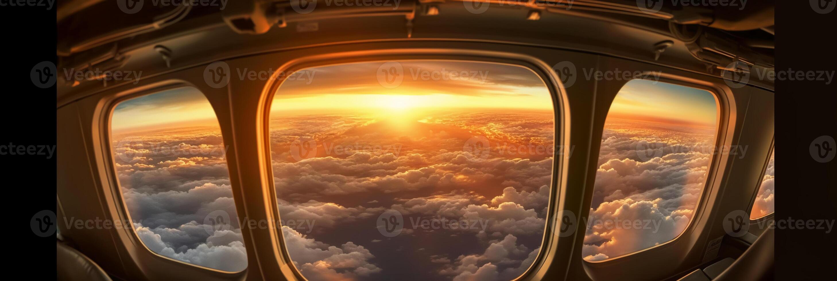The view from the plane window to the sunset. Aerial view. photo