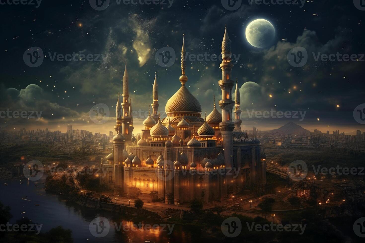 The mosque, Kareem lantern, Blurred star in night sky background, Eid al adha concept. photo