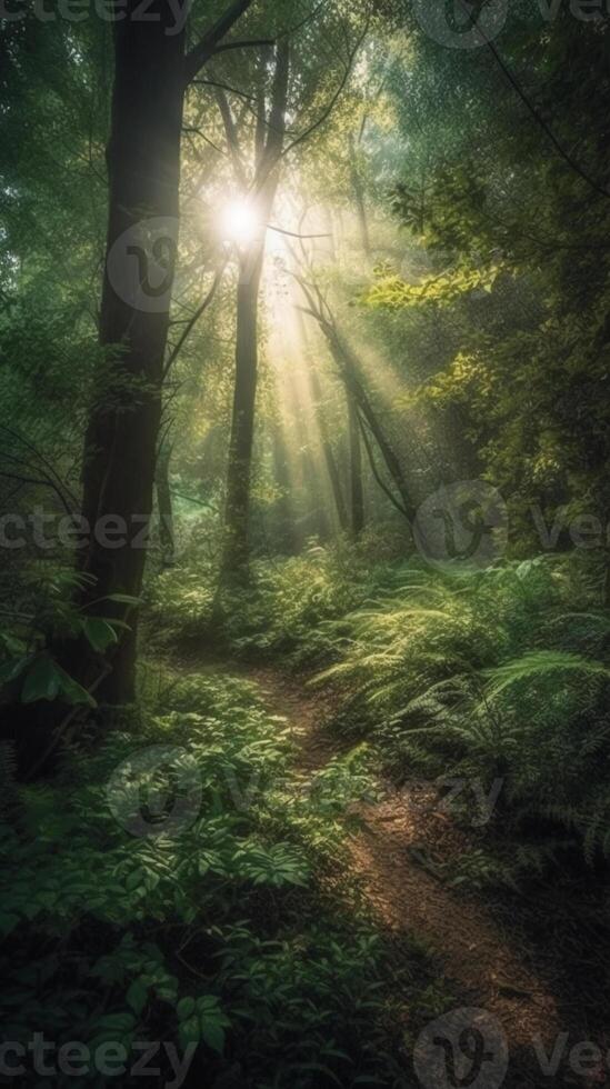 Beautiful rays of sunlight in a green forest. photo
