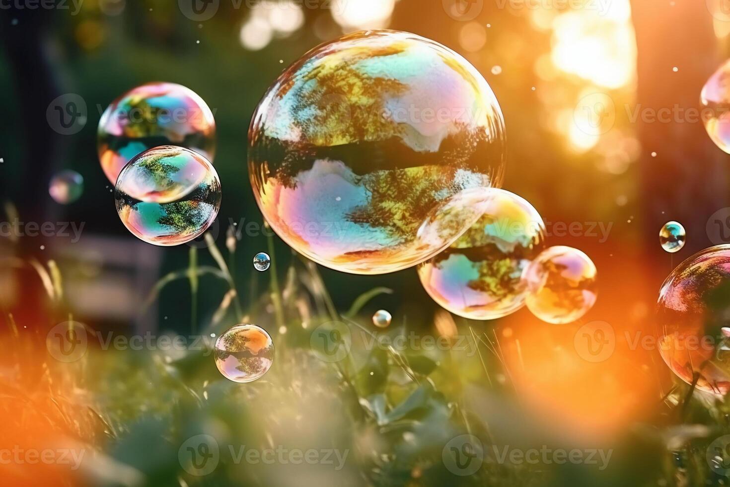 Soap bubbles against a blurred light natural summer background. photo