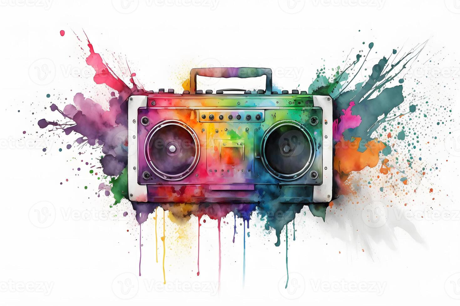 Retro ghetto blaster isolated on white with rainbow watercolor splash. Neural network photo