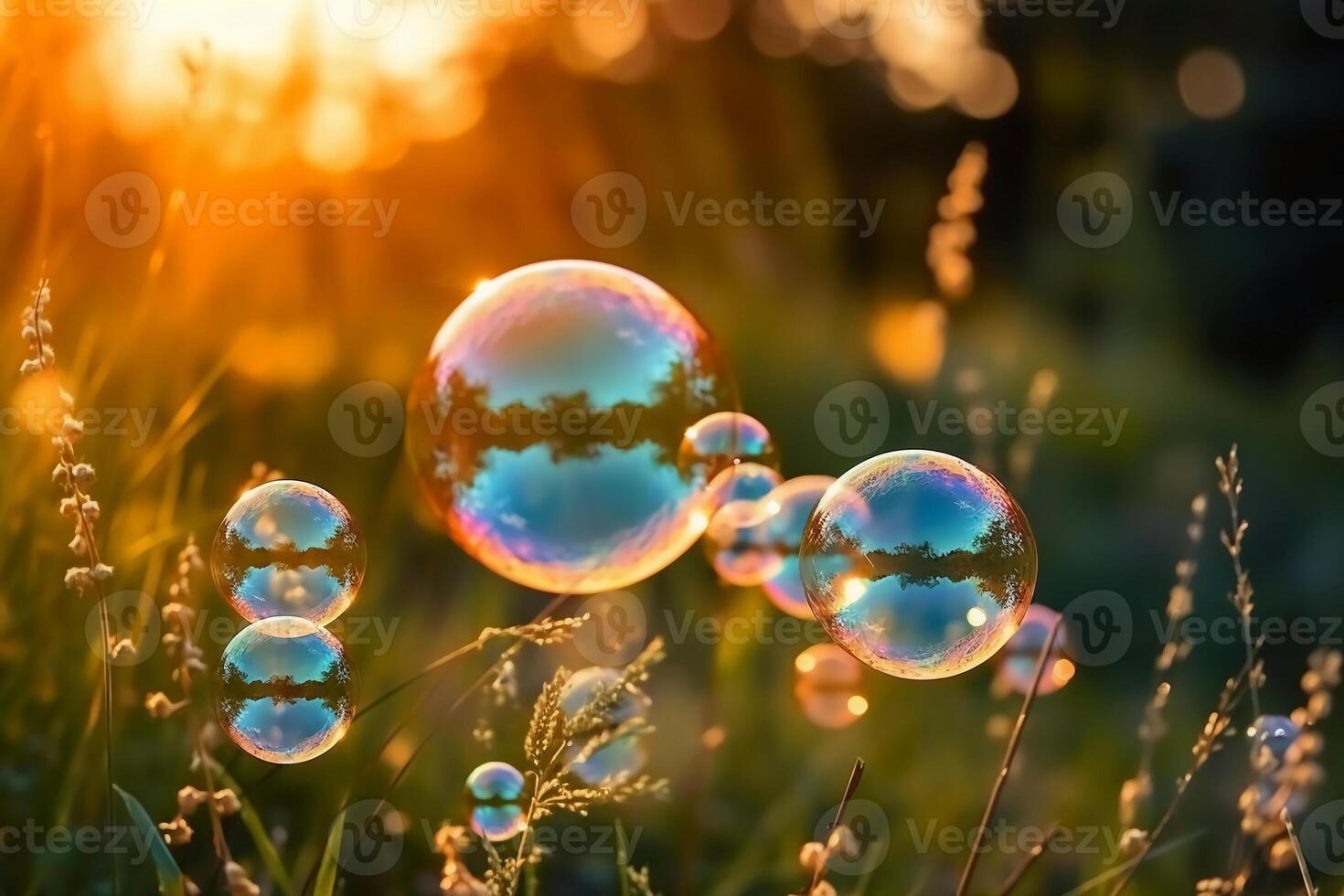 Soap bubbles against a blurred light natural summer background. photo