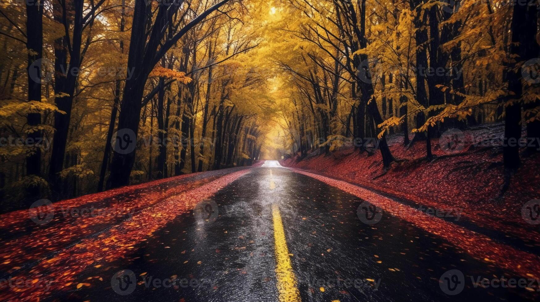 a beautiful long road in autumn season is lined with trees bearing colorful leaves. photo