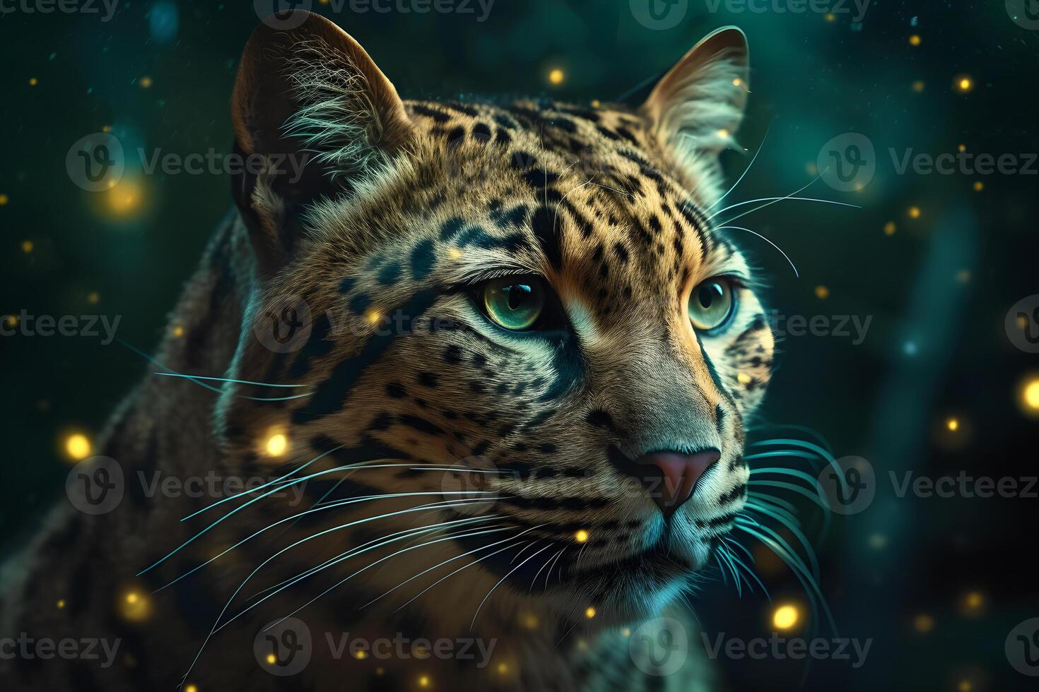 leopard portrait close up on dark background. Neural network photo