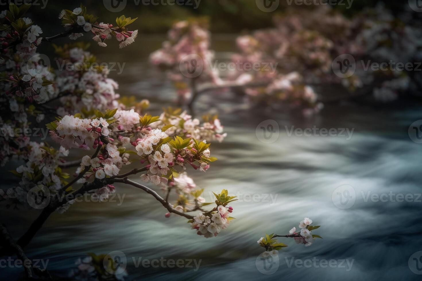mariposa, flor de cerezo, borroso río. ai generativo foto