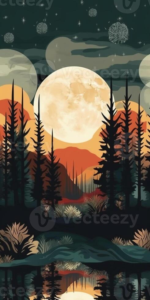 Night forest pattern, minimal, graphic poster design. photo