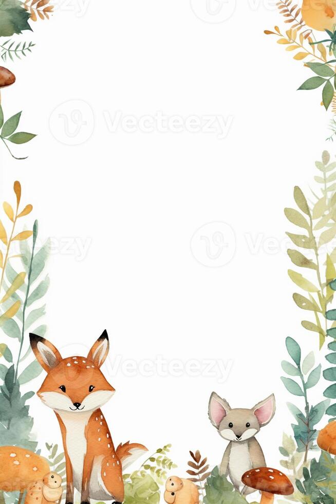 White background with simple leaves in corner with cute forest animals watercolor style. photo