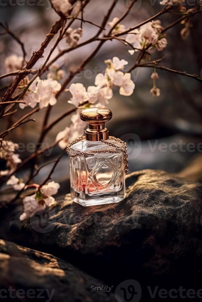 Still life photography, transparent perfume bottle in the center, stones, branches, flowers. photo