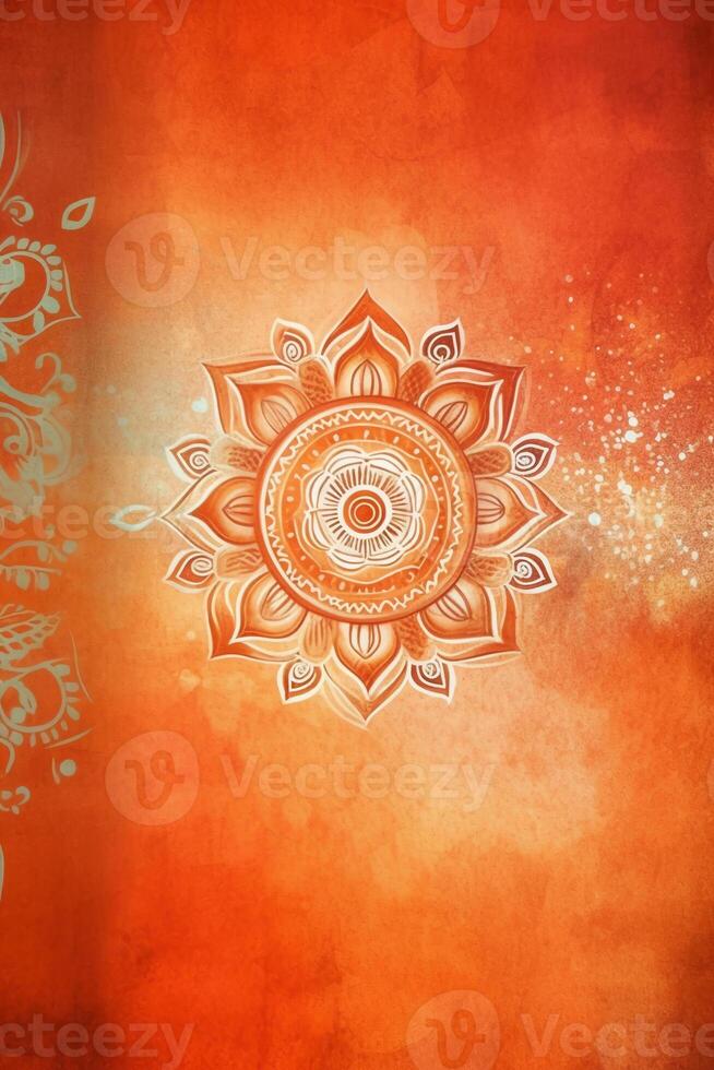 orange Pantone color background paper texture Rangoli pattern painting. photo