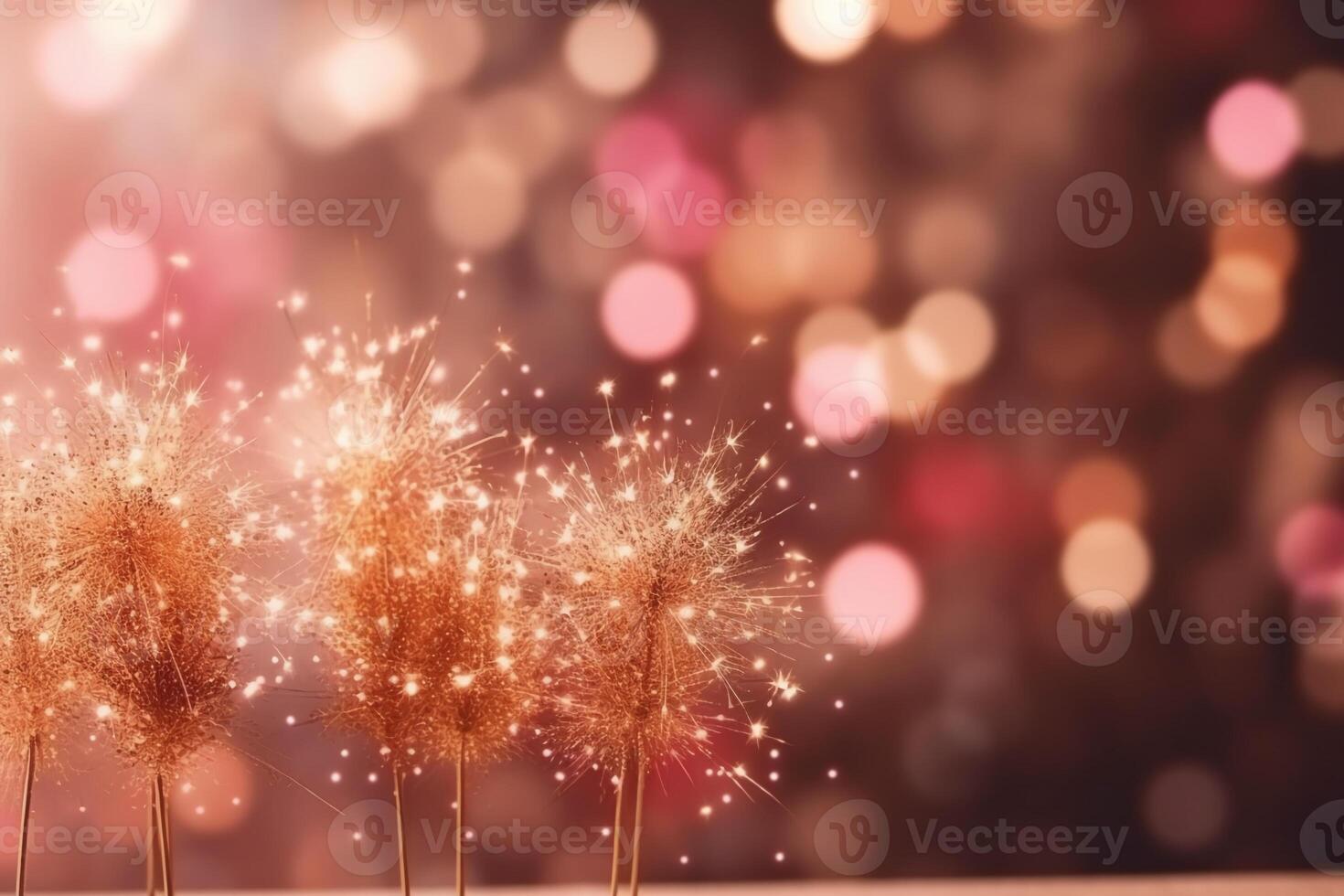 Gold and pink Fireworks and bokeh in New Year eve and copy space. Abstract background holiday. photo