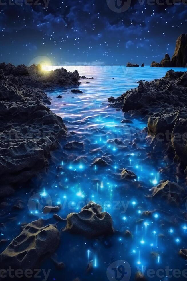 Ocean shore at night, the water is full of dinoflagellates, glowing with millions bright blue neon glow in the dark tiny dots. photo