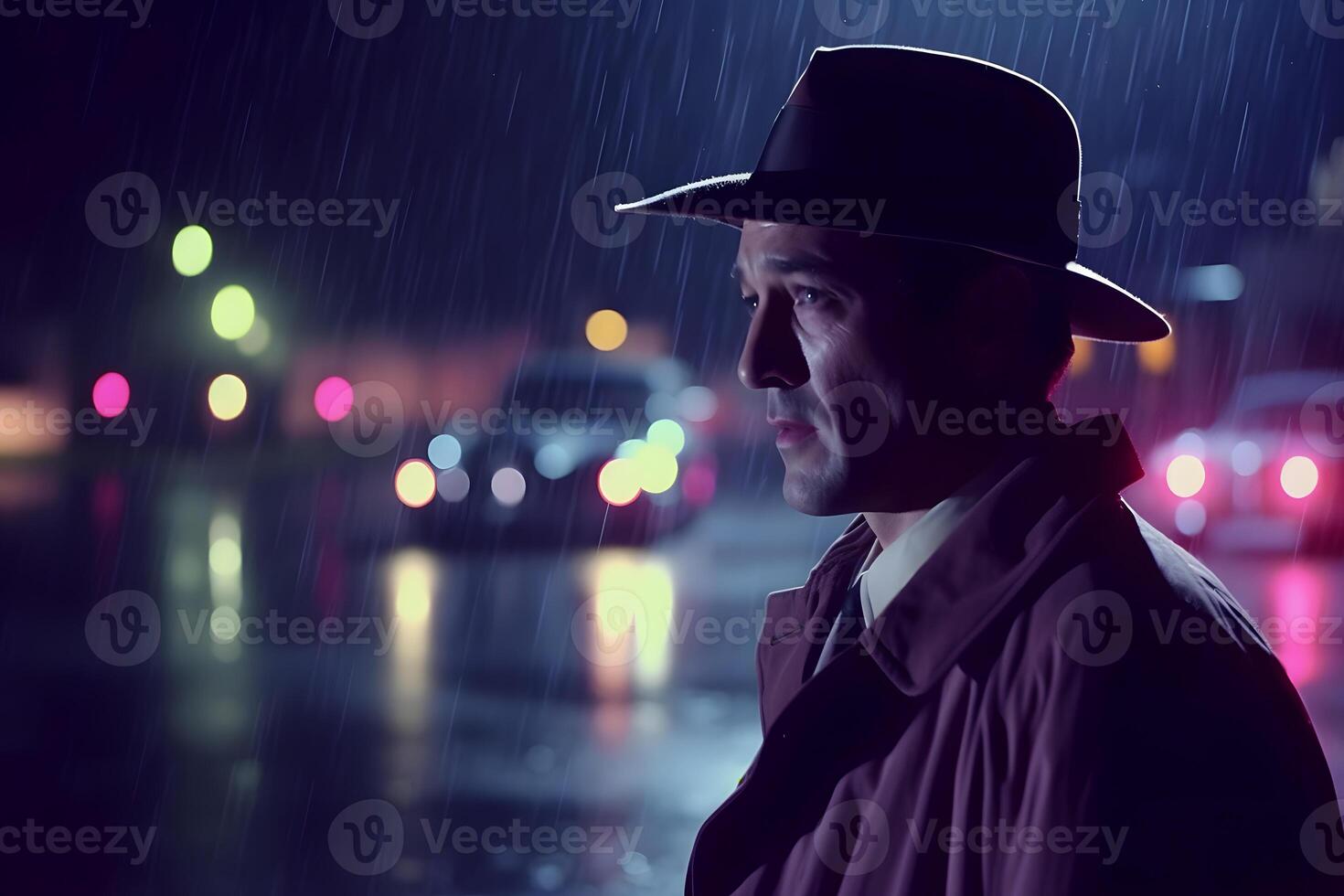 Detective in the rain in the night city. Neural network photo