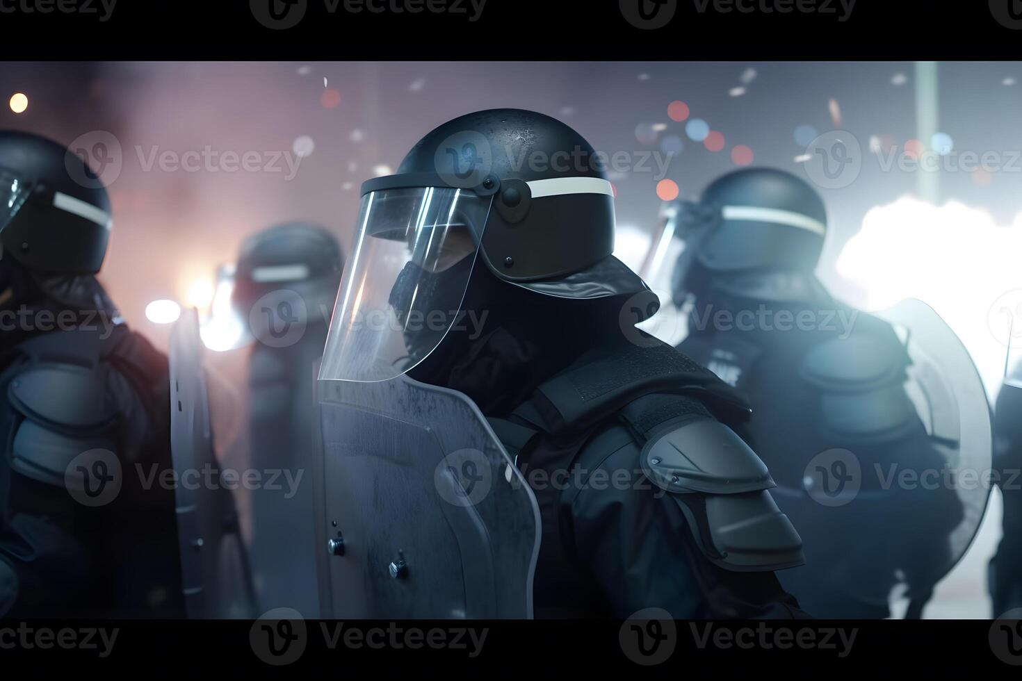 Low angle of anonymous police soldiers in protective uniforms and helmets standing against squad van and defending by riot shields. Neural network photo
