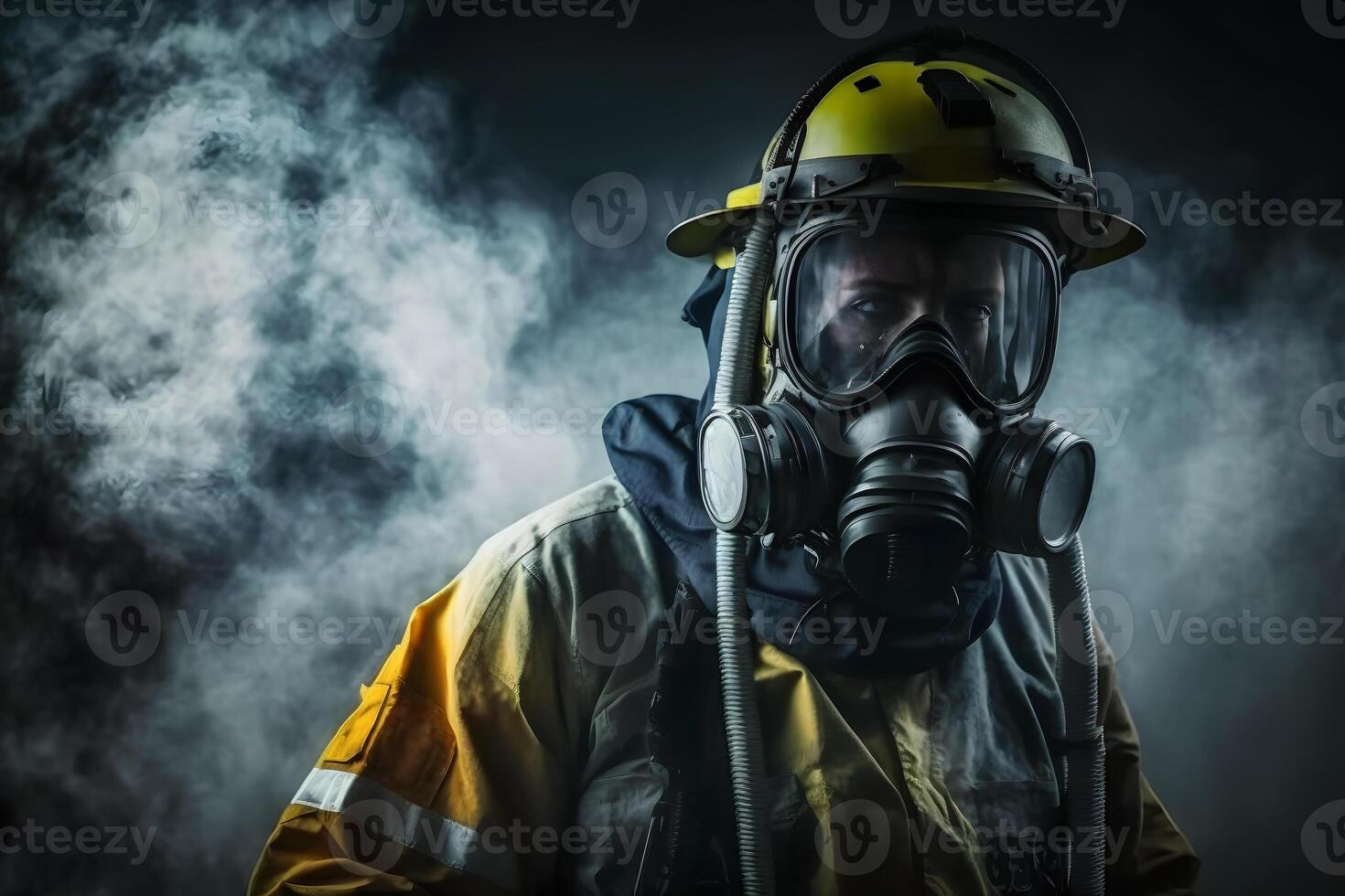 Close up portrait of face firefighter wearing protective uniform and an protective mask. Neural network photo