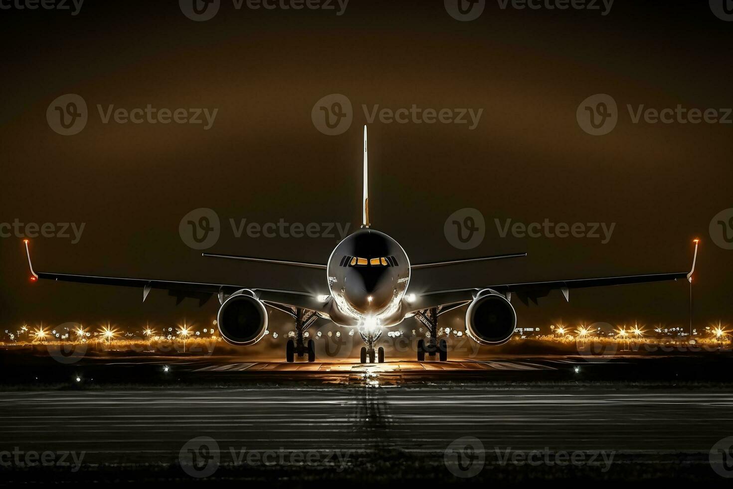 Big passenger airplane lands in airport at night. Neural network generated art photo