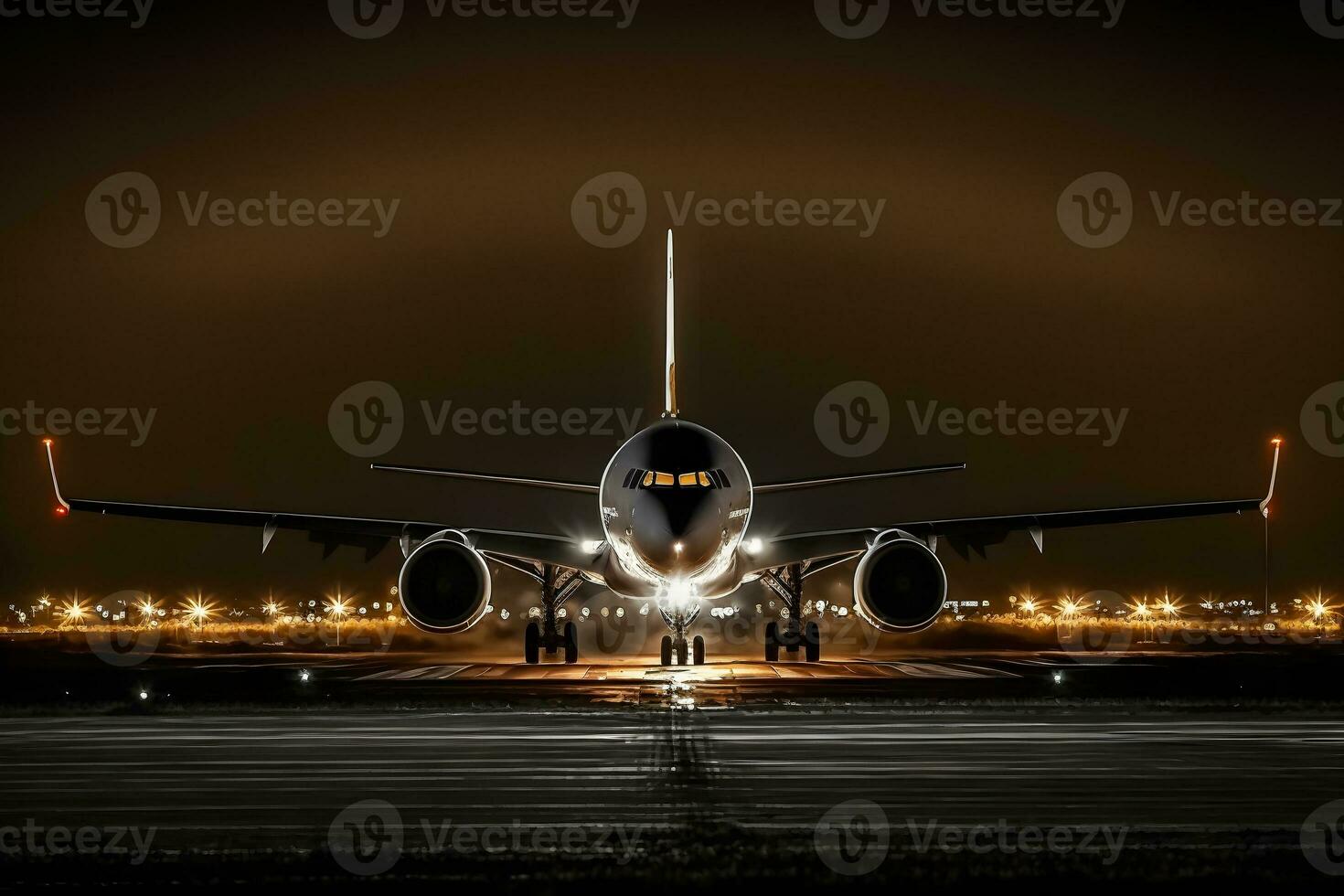 Big passenger airplane lands in airport at night. Neural network generated art photo