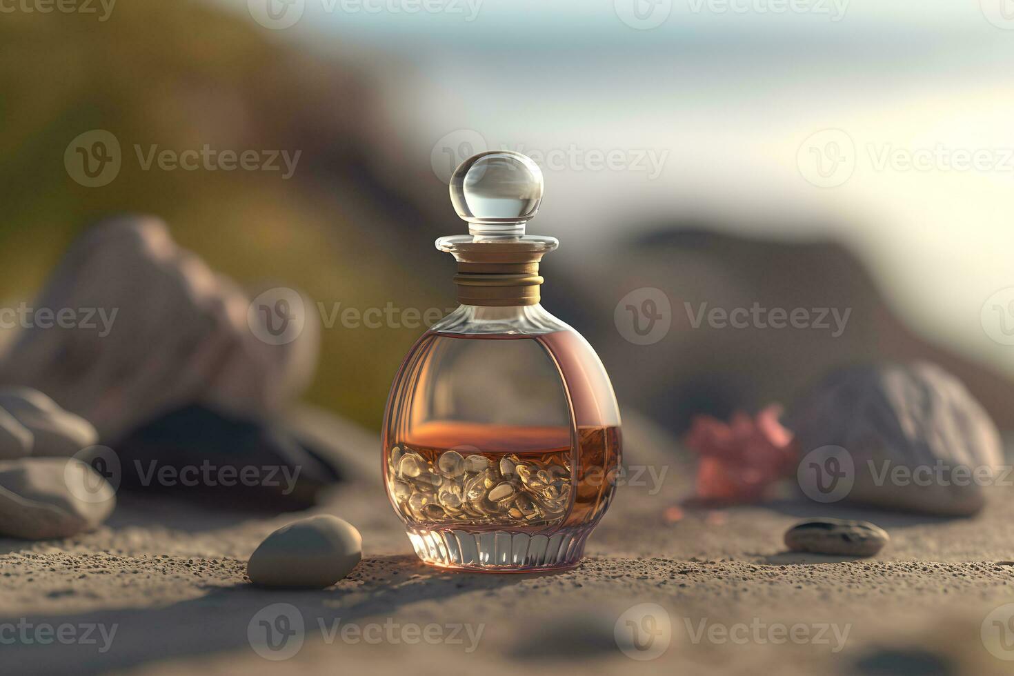 A glass bottle of perfume standing on a sea background. Neural network generated art photo