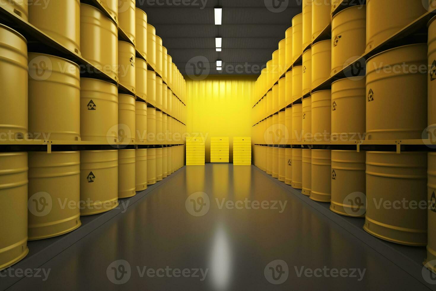 Radioactive waste in barrels, nuclear waste repository. Neural network generated art photo