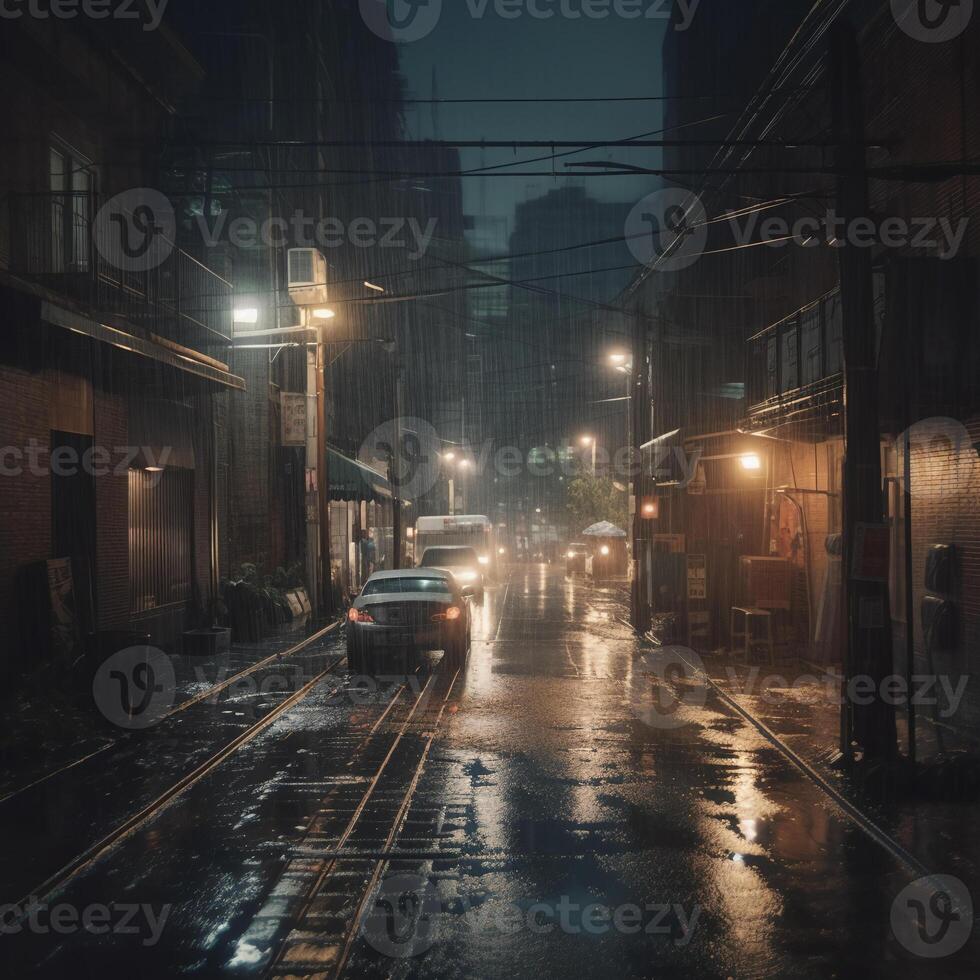 pesado lluvia y oscuro noche en el urbano. ai generativo foto