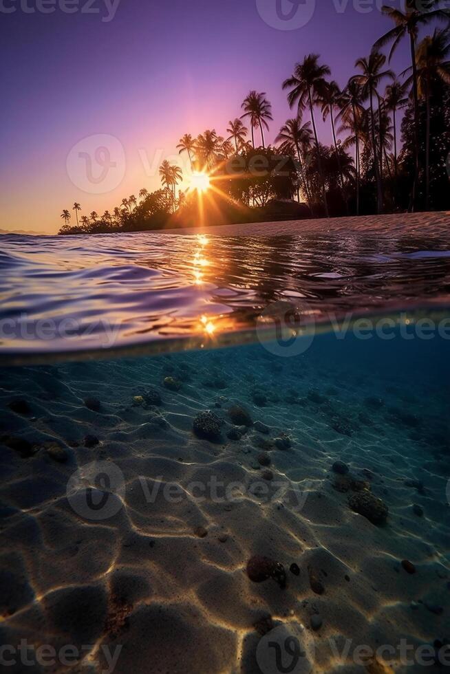 Photograph of beautiful inviting beach scene with purple sunset sky. photo