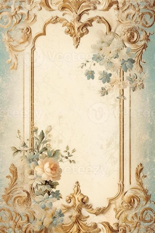 With copy space Old chipped paint background, light cream and gold ornate scrollwork. photo