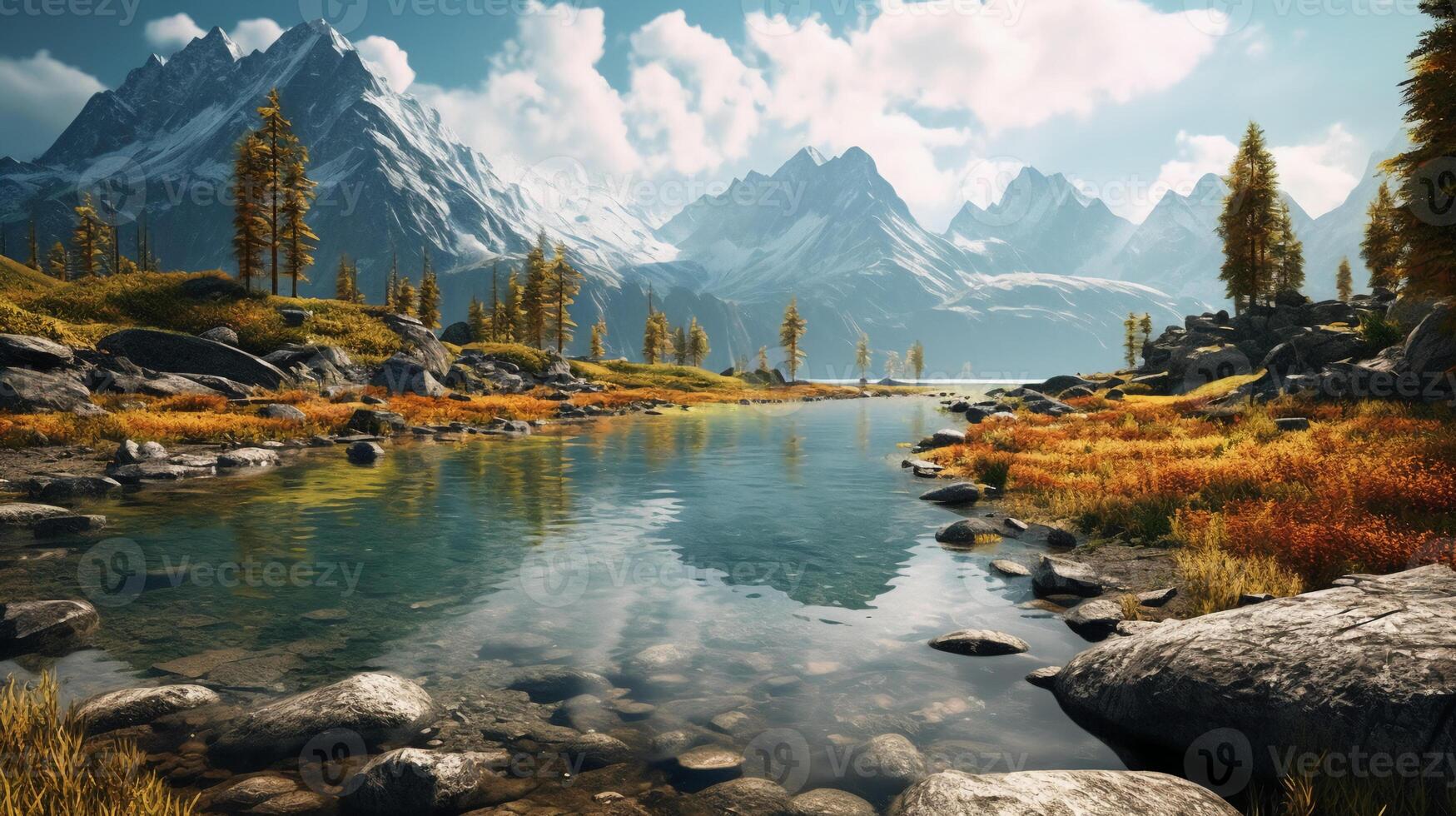 Lake with mountains and trees. photo