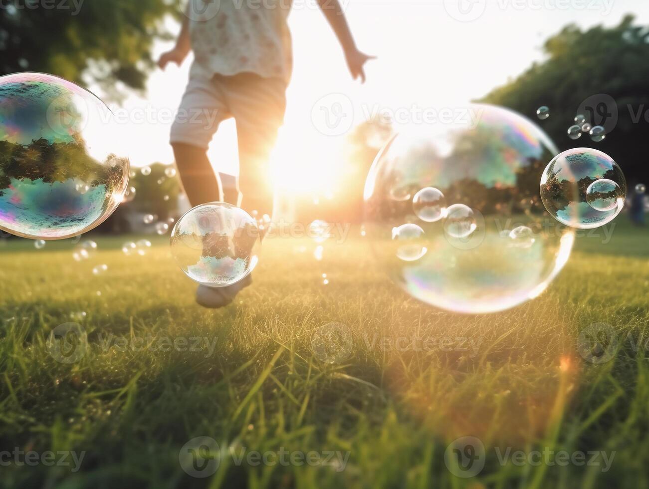 un cerca arriba de gigante burbujas, borroso antecedentes de un niño bokeh piernas vistiendo blanco ropa y corriendo alrededor en el césped. ai generativo foto