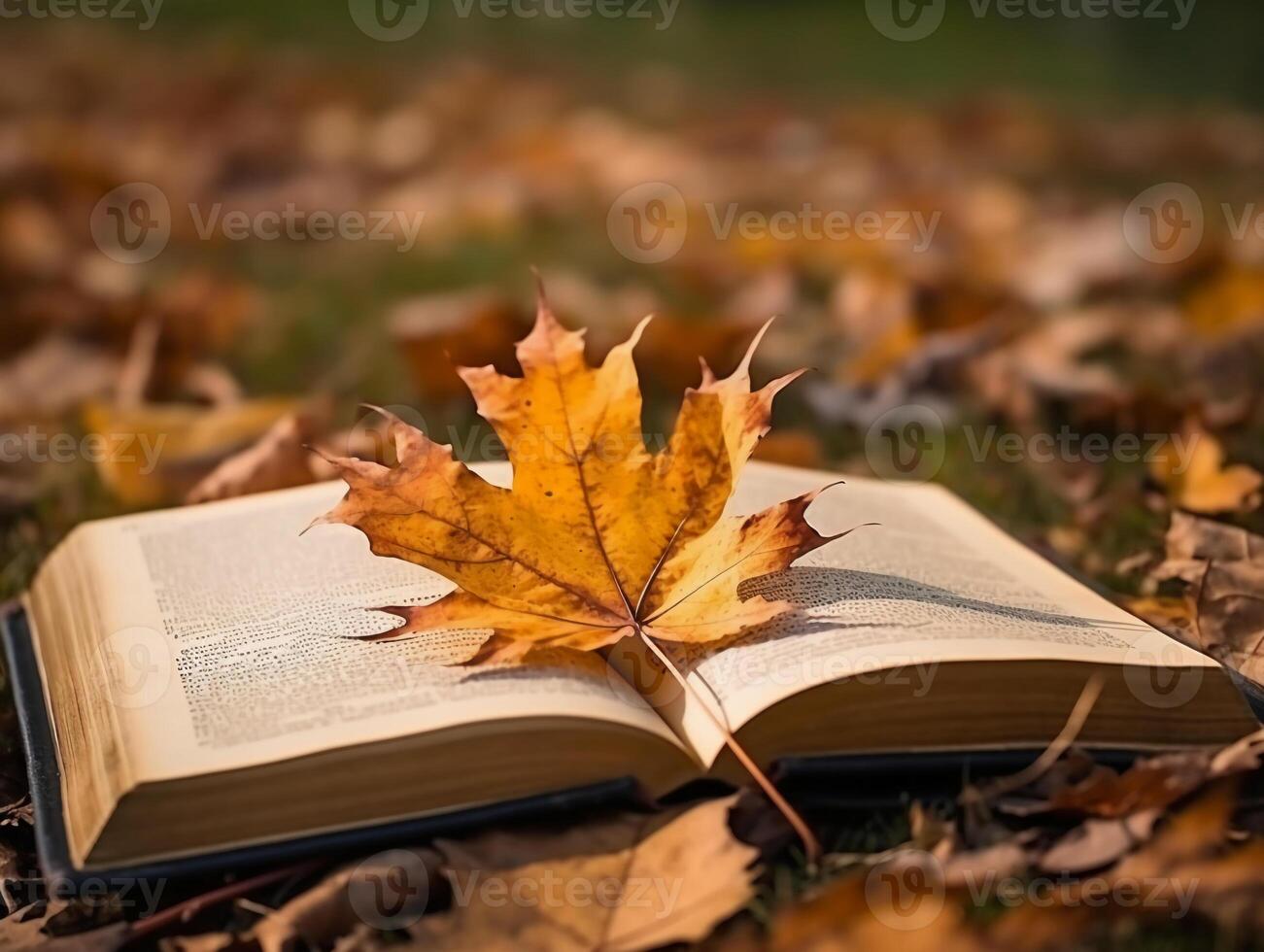 libro en un hoja con arce árbol a antecedentes. ai generativo foto