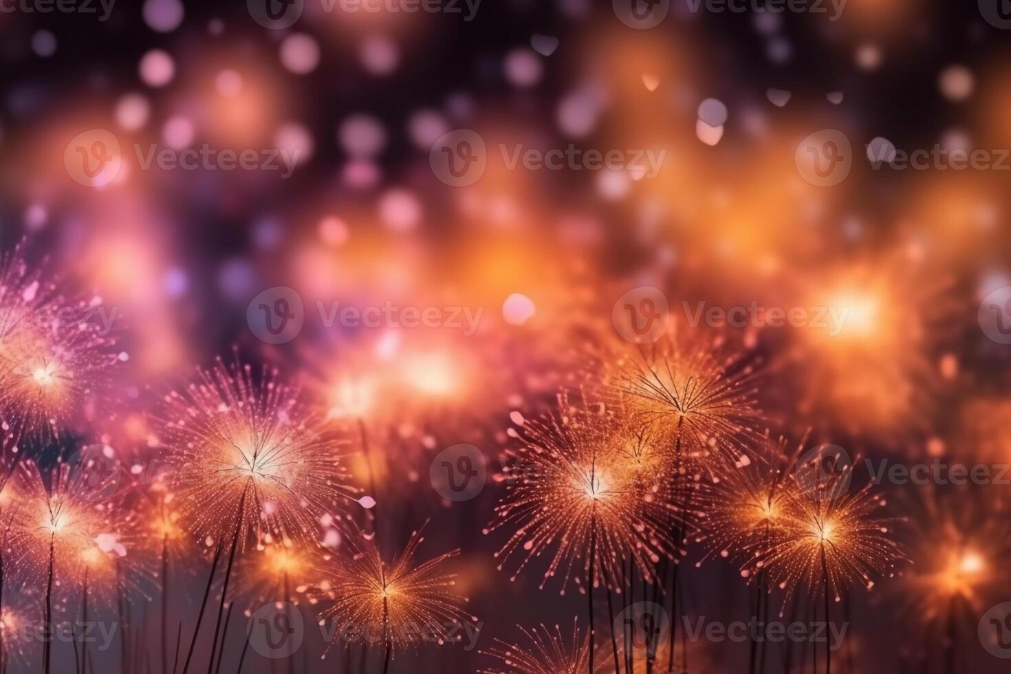 Gold and pink Fireworks and bokeh in New Year eve and copy space. Abstract background holiday. photo