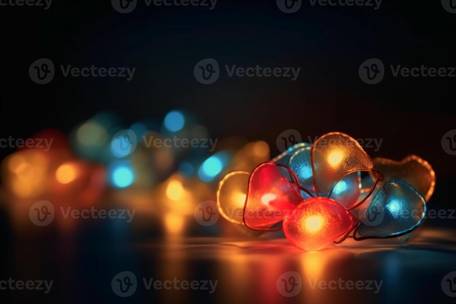 Valentine day background. Love light. Romantic ornament. Yellow round led string neon red blue color blur heart glow festive pattern on defocused dark. photo