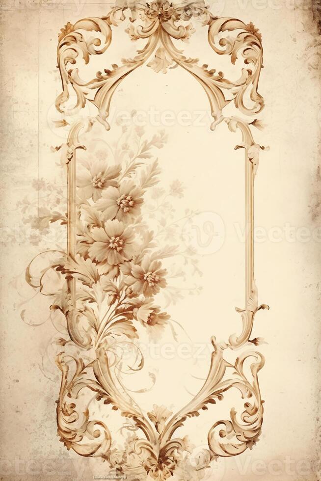 With copy space Old chipped paint background, light cream and gold ornate scrollwork. photo