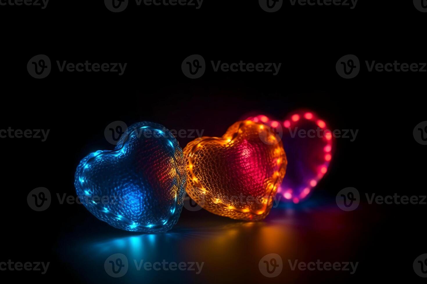 Valentine day background. Love light. Romantic ornament. Yellow round led string neon red blue color blur heart glow festive pattern on defocused dark. photo