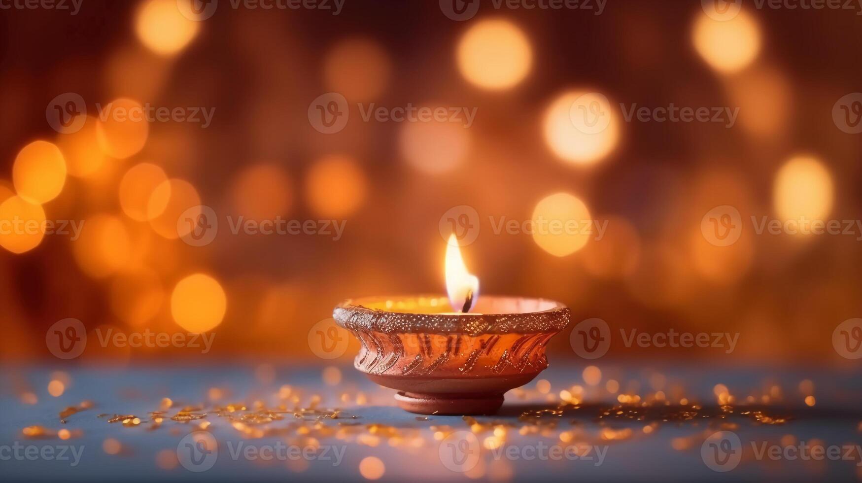 A Diya oil lamp, Diwali concept, blurred Hindu festival of lights celebration background. photo